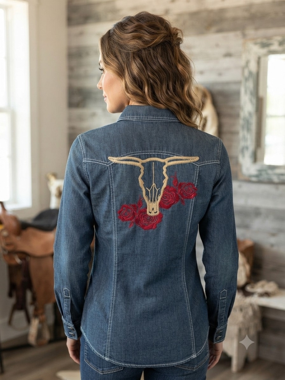 Ariat Fitted Shirt in Washed Blue and Embroidered Back Size Med